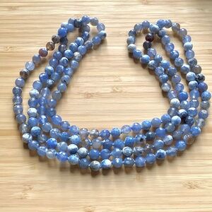 Agate Beaded Necklace, 60in. long Multicolored Stone Beads Blue, White, Brown